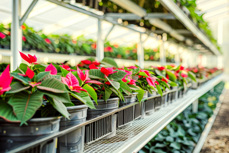 poinsettias growing in a greenhouse