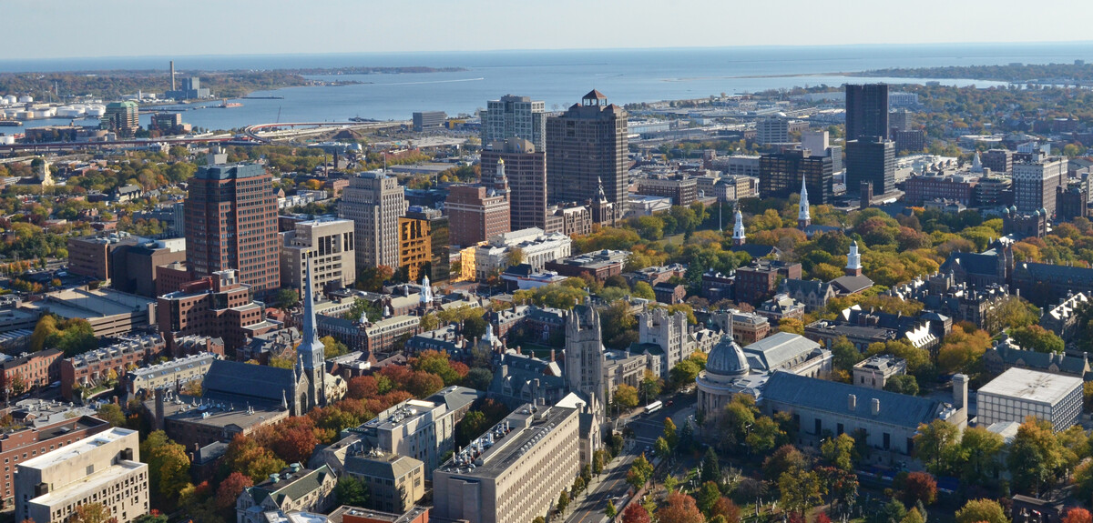 An aerial shot of the New Haven skyline.