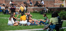 Enjoying the weather with friends in the courtyard